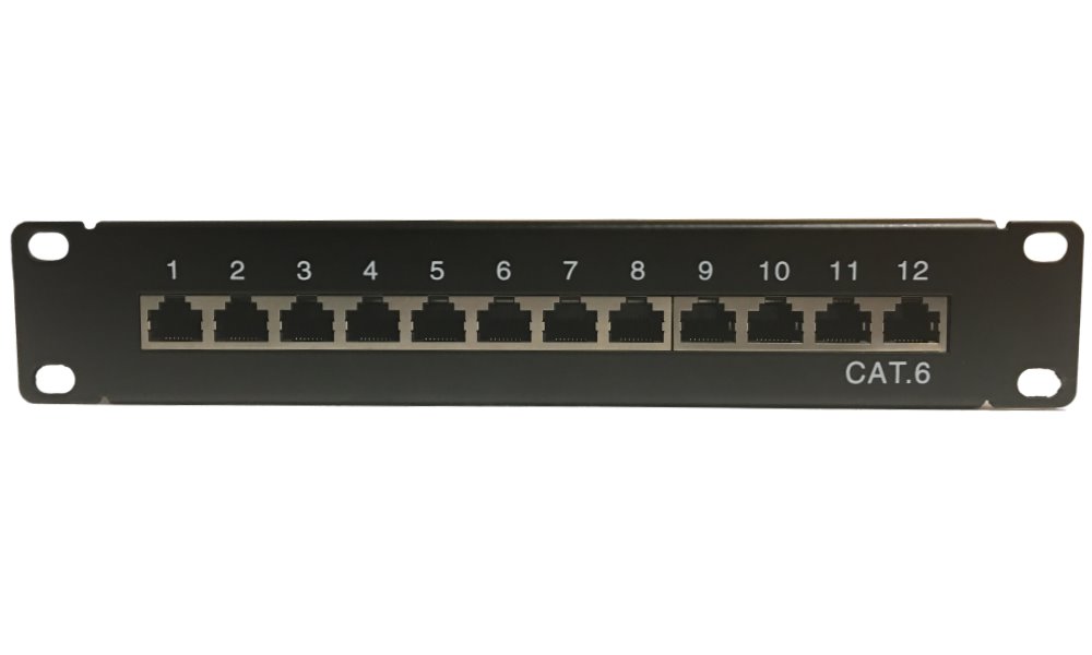 XtendLan Patch panel 10", 12 portů, 1U, Cat6, stíněný, LSA, vodorovné umístění konektorů, zemnič, černý