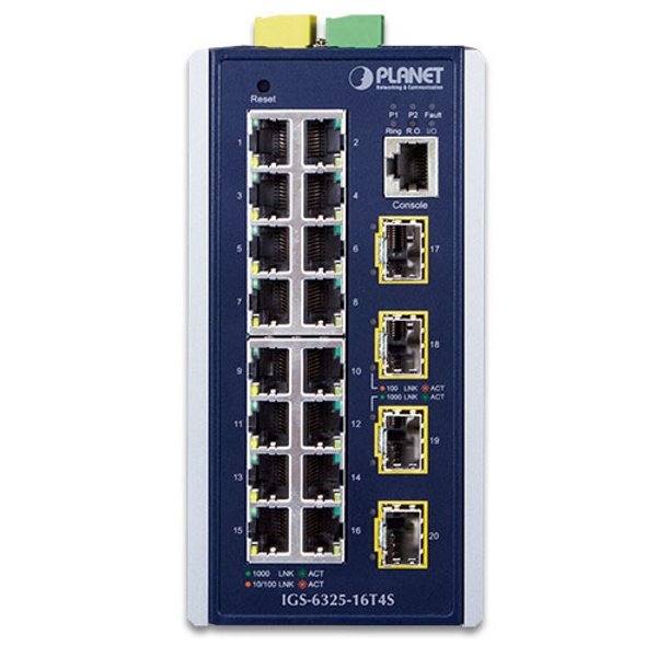 Planet IGS-6325-16T4S průmyslový L3 switch, 16x1Gb, 4x2.5Gb SFP, 9-48VDC, -40~75°C, IP30, fanless