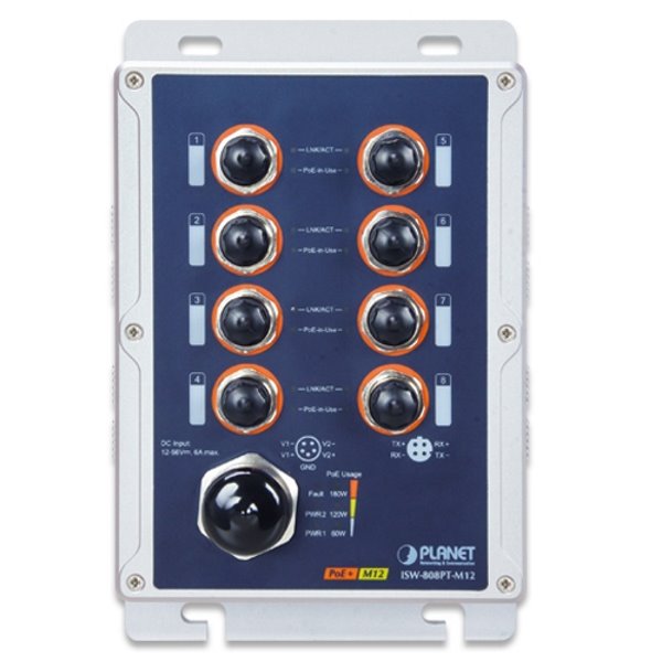 Planet vodotěsný průmyslový PoE switch, 8xFE M12, 8x PoE 802.3at 30W/180W, -40~+75°C, 12-56VDC, IP67