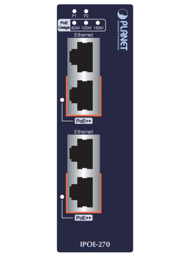 Planet IPOE-270 PoE průmyslový injektor, 2x port, 4x 1/2.5/5Gb, 2x 802.3bt 95/180W, DIN, IP30, -40~75°C, 48-56VDC