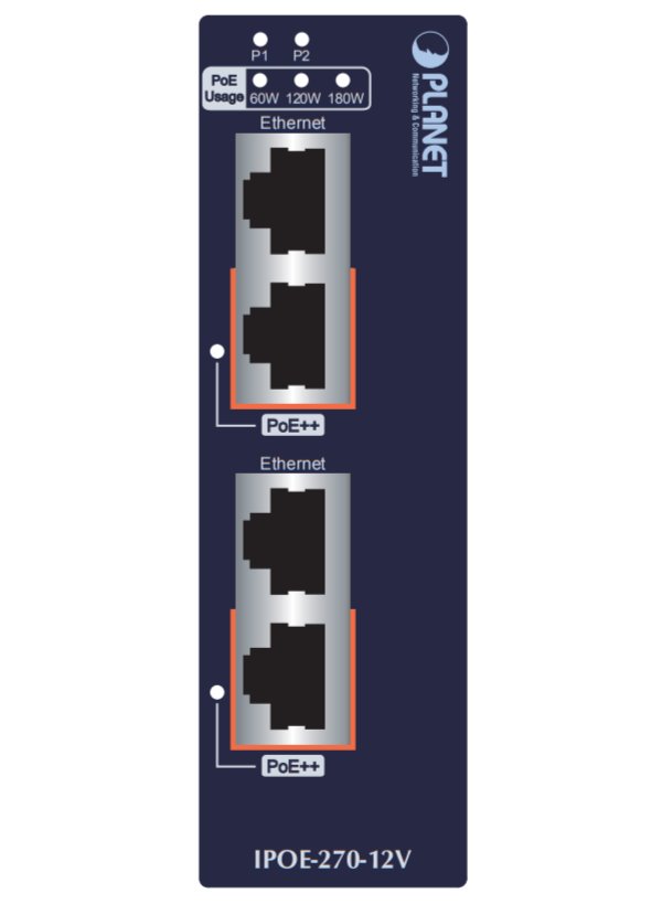 Planet IPOE-270-12V PoE průmyslový injektor, 2x port, 4x 1/2.5/5Gb, 2x 802.3bt 95/180W, DIN, IP30, -40~75°C, 12-56VDC