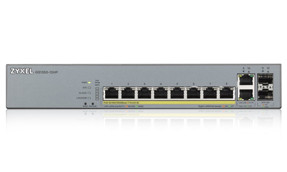 Zyxel GS1350-12HP 12 Port smart managed CCTV PoE switch, long range, 130W, 10x GbE, 2x SFP