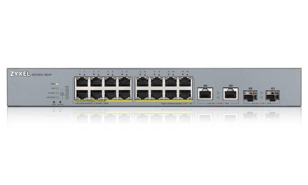 Zyxel GS1350-18HP 18 Port smart managed CCTV PoE switch, long range, 250W, 16x GbE, 2x combo RJ45/SFP