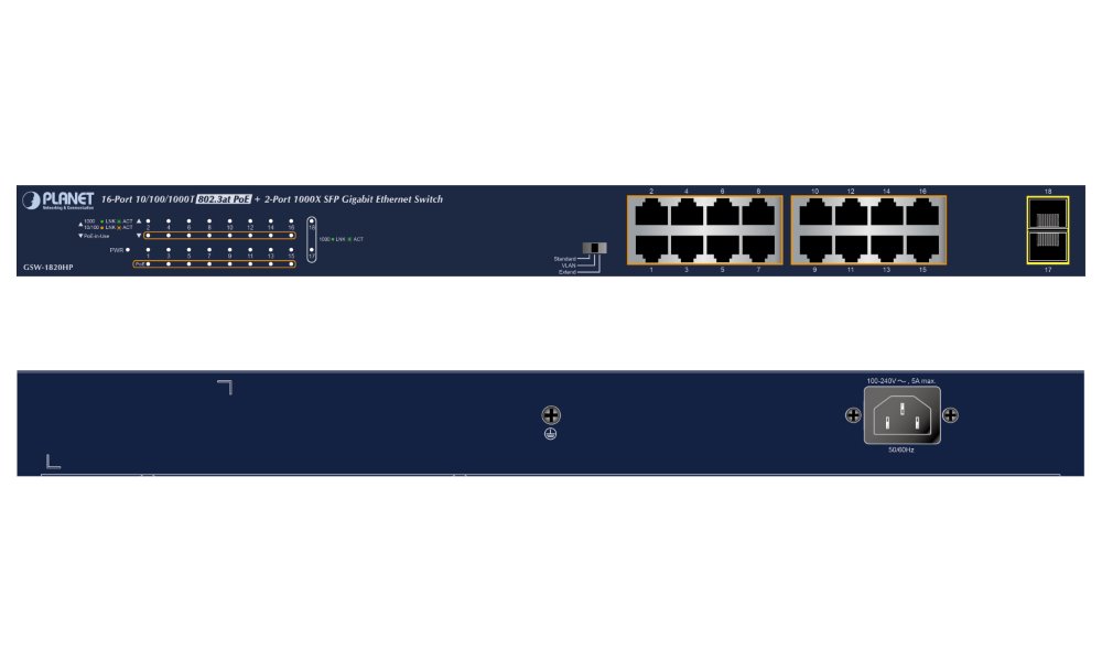 Planet GSW-1820HP PoE switch, 16x1Gb + 2x SFP 1Gb, PoE 802.3at 30/240W, VLAN, extend mód 10Mb-250m, 802.3az