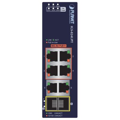 Planet Průmyslový PoE switch, 6x1Gb + 2x1Gb SFP, 4x PoE 802.3bt 90/240W, -40až75°C, dual 48-54VDC, IP30, fanless