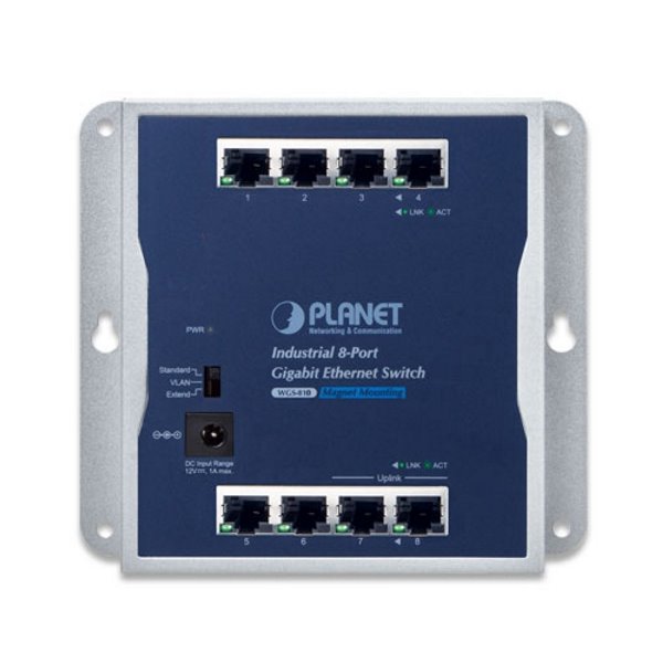 Planet průmyslový plochý switch 8x 1Gb, 12VDC, IP30, -20/60st, fanless