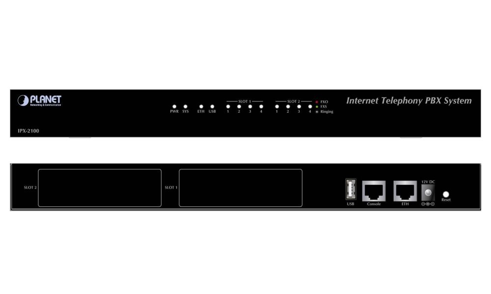 Planet IPX-2100, IP PBX, SIP Proxy, 2x slot pro moduly, IVR, 100/30 uživatelů, DID, BLF, FAX, Skype-SIP, VPN, CZ