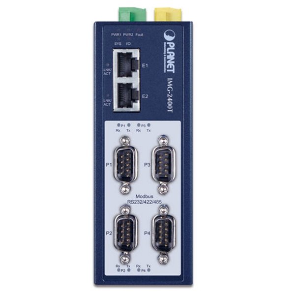 Planet MODBUS průmyslová brána RS-232/422/485 na IP, 4x COM, 100Base-TX, RTU/ACSII, -40až+75°C, 12-48VDC, IP40