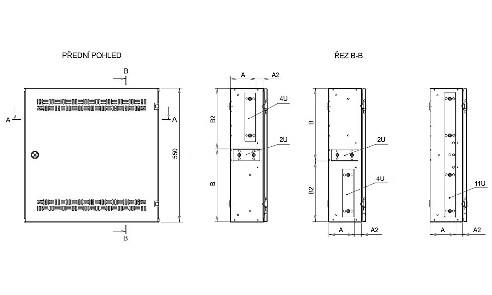 Solarix rozvaděč SOHO LC-18 s lištami 2U, 4U a 11U, 550x550x150mm, šedá RAL 7035