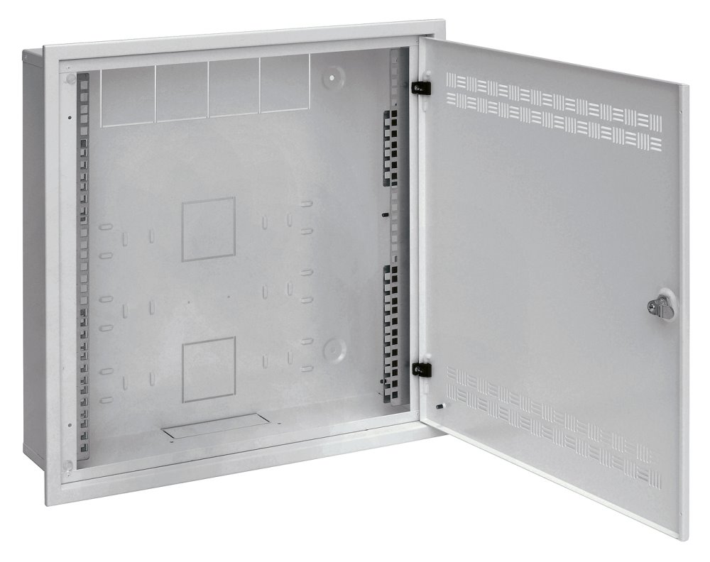 Solarix rozvaděč SOHO LC-18 do zdi s lištami 2U, 4U a 11U, 550x550x150mm, šedá RAL7035, s rámečkem k zazdění