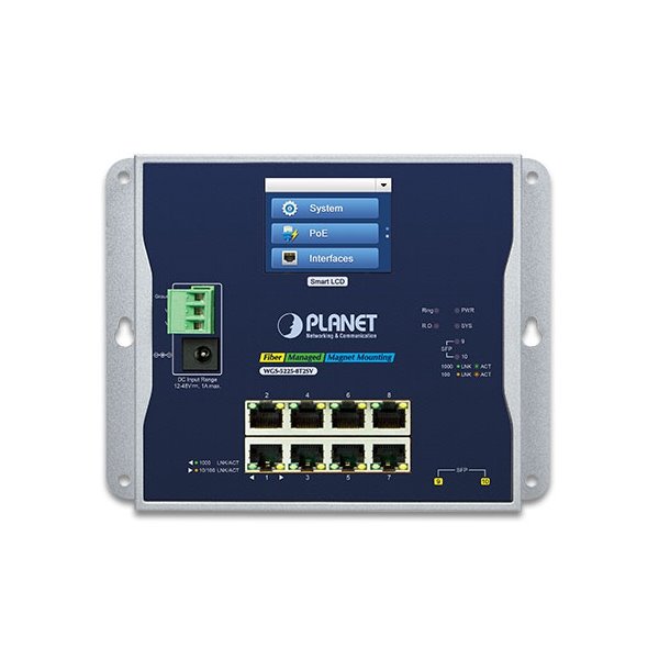 Planet WGS-5225-8T2SV plochý L3 switch, 8x1Gb, 2x2.5Gb SFP, 12-48VDC/24VAC, -20~70°C, IP30, fanless, touch LCD