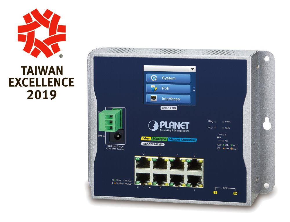 Planet WGS-5225-8T2SV plochý L3 switch, 8x1Gb, 2x2.5Gb SFP, 12-48VDC/24VAC, -20~70°C, IP30, fanless, touch LCD