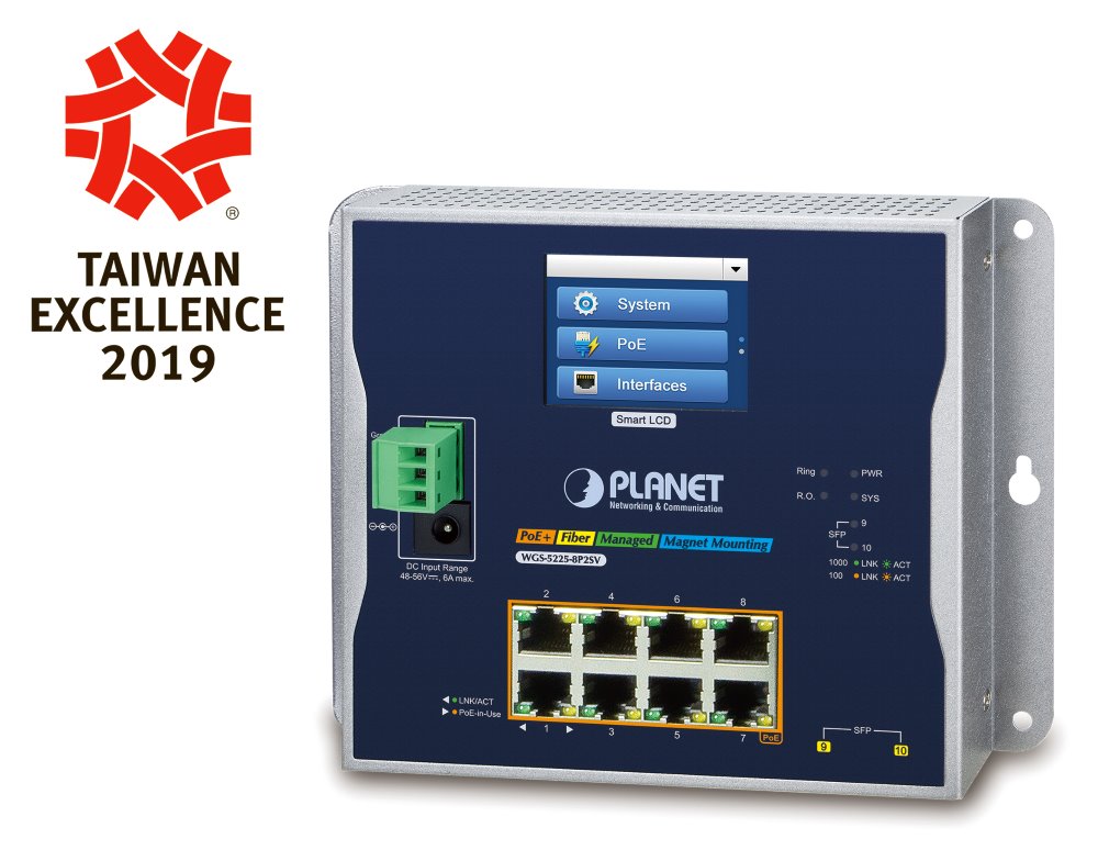 Planet WGS-5225-8P2SV plochý L3 switch, 8x1Gb, 2x2.5Gb SFP, PoE 30/240W, 48-56VDC, -20~70°C, IP30, fanless, touch LCD