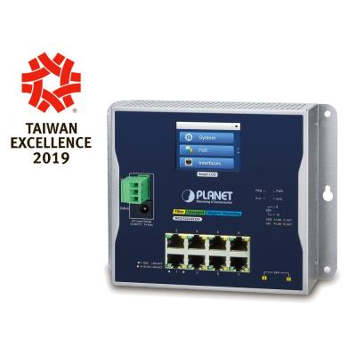 Planet WGS-5225-8T2SV plochý L3 switch, 8x1Gb, 2x2.5Gb SFP, 12-48VDC/24VAC, -20~70°C, IP30, fanless, touch LCD