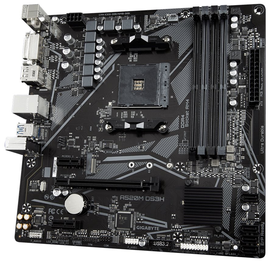 GIGABYTE A520M DS3H / AMD A520 / AM4 / 4x DDR4 / DVI-D / HDMI / DP / M.2 / mATX