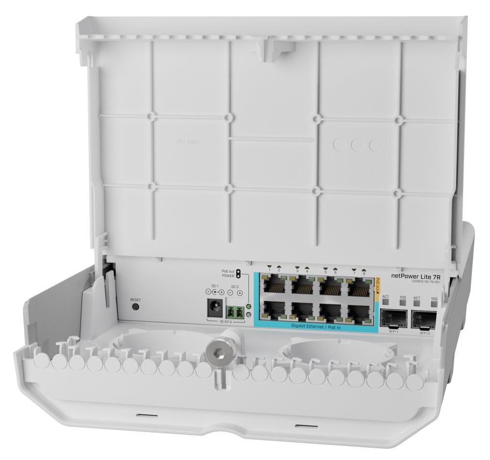 MikroTik netPower Lite 7R, 7x GbE PoE in, 1x GbE PoE out, 2x SFP+, SwOS, venkovní