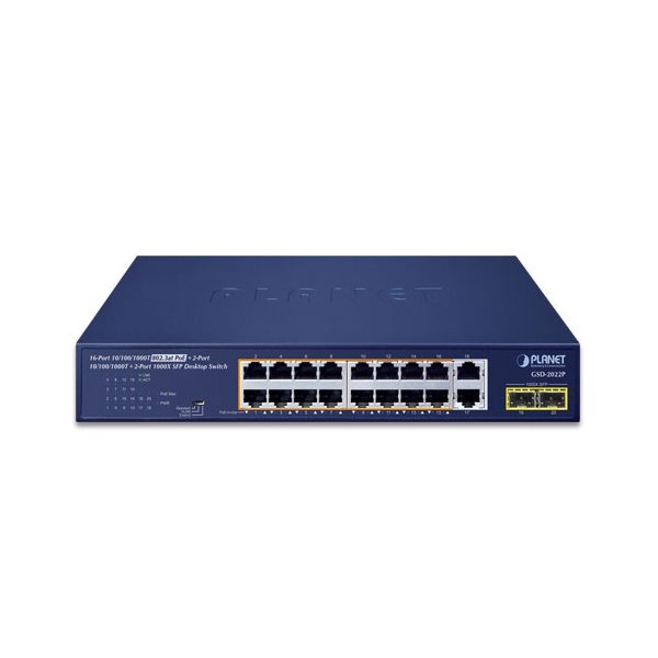 Planet PoE switch 18x1Gb + 2xSFP 1Gb, 16x PoE 802.3at 30/185W, VLAN, extend mód 10Mb-250m