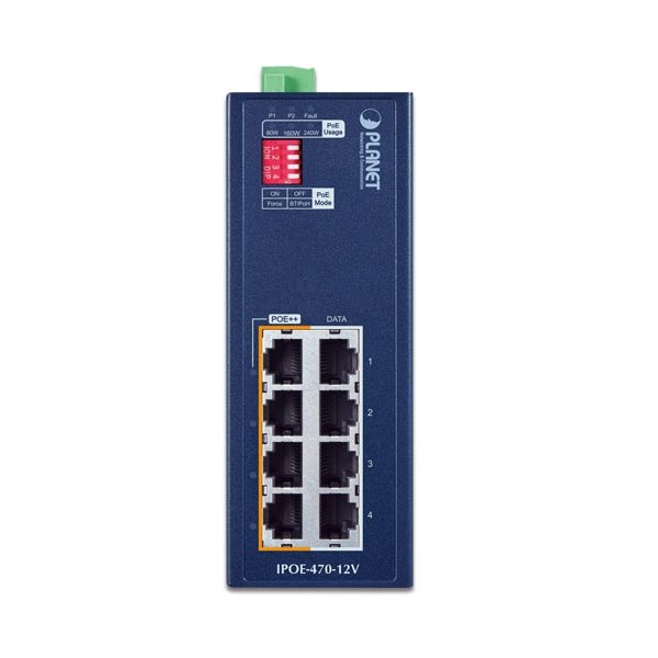 Planet IPOE-470-12V PoE průmyslový injektor, 8x 1Gb, 4x 802.3bt 95/240W, DIN, IP30, -40~75°C, 12-54VDC