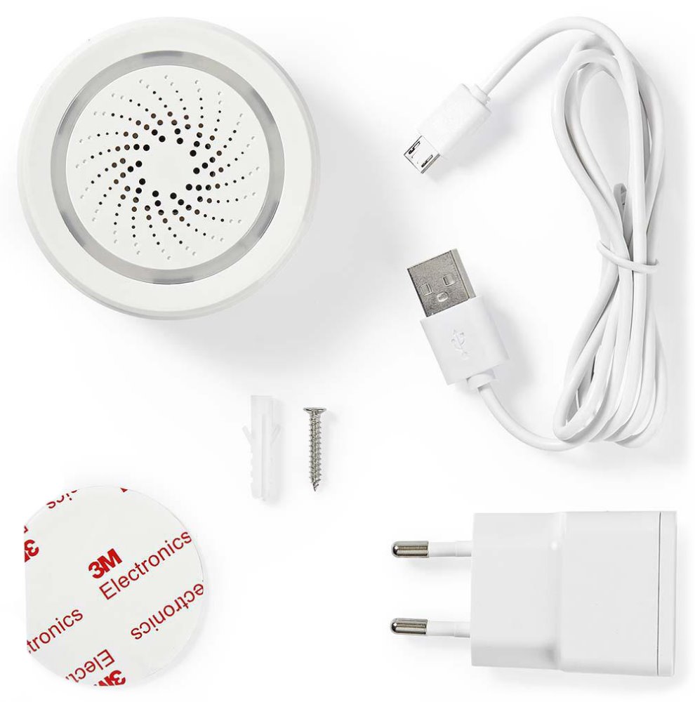 NEDIS Wi-Fi chytrá siréna/ alarm nebo vyzvánění/ hlasitost 85 dB/ micro USB/ bílá