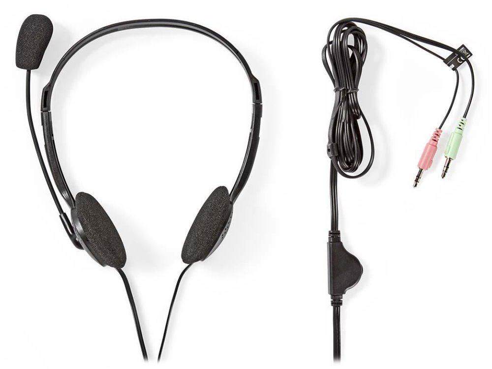 NEDIS headset CHST100BK/ drátová sluchátka + mikrofon/ 2x 3,5 mm jack/ kabel 2 m/ černý