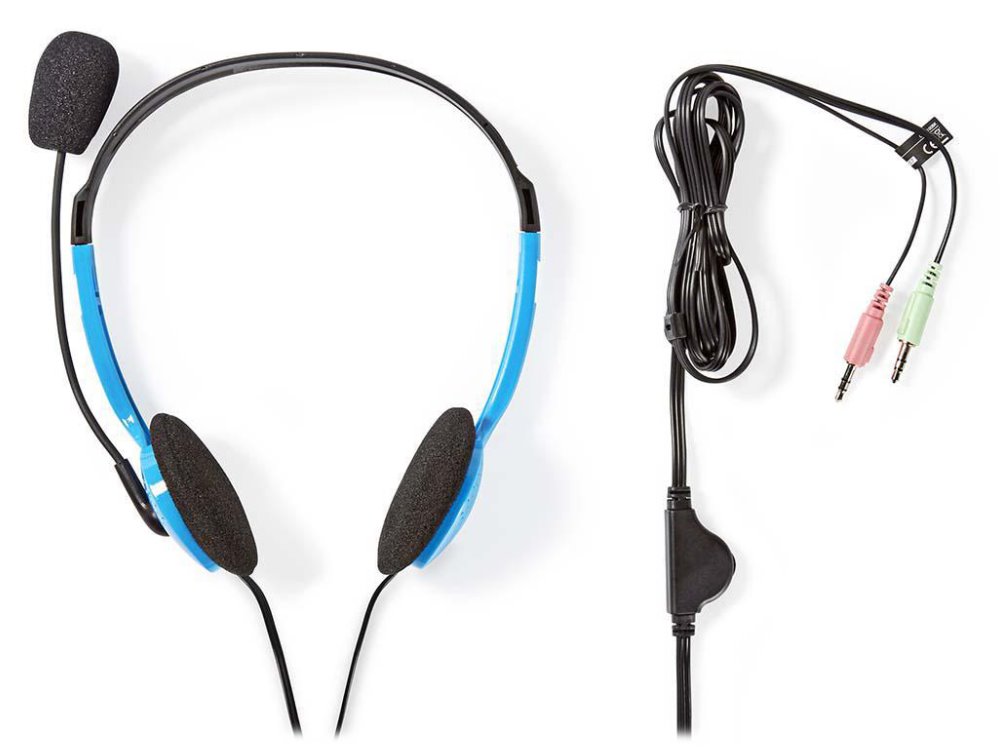 NEDIS headset CHST100BU/ drátová sluchátka + mikrofon/ 2x 3,5 mm jack/ kabel 2 m/ modrý