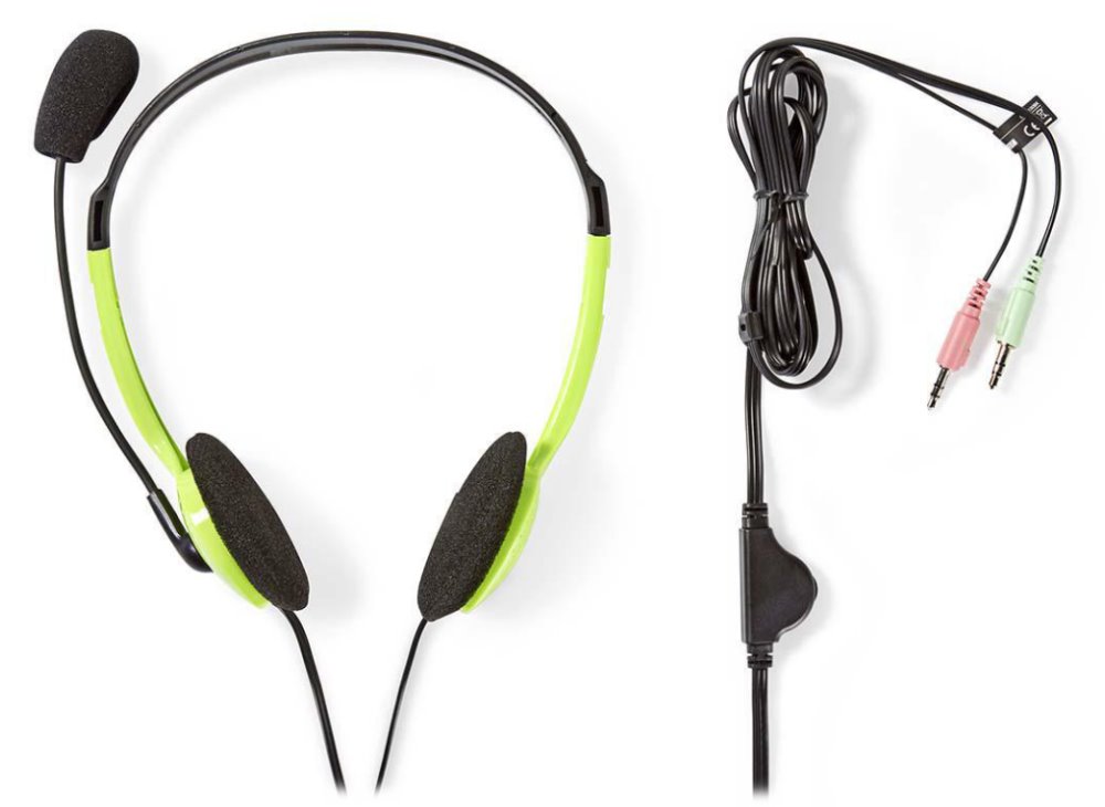 NEDIS headset CHST100GN/ drátová sluchátka + mikrofon/ 2x 3,5 mm jack/ kabel 2 m/ zelený