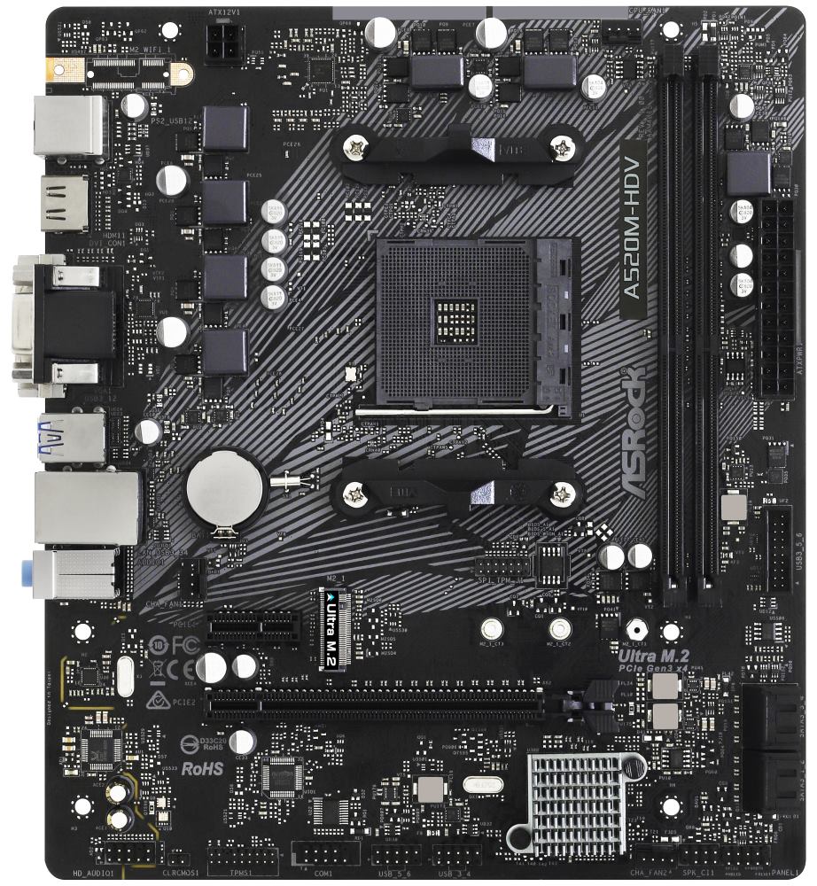 ASRock A520M-HDV / AMD A520 / AM4 / 2x DDR4 DIMM / M.2 / VGA / DVI-D / HDMI / mATX