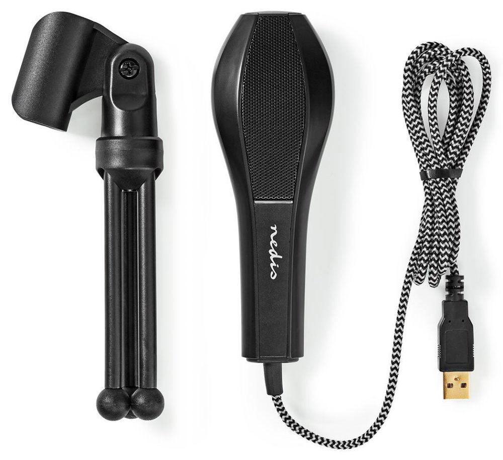 NEDIS stolní všesměrový mikrofon/ duální kondenzátor/ s tříramenným stojanem/ USB/ citlivost -38dB/ černý