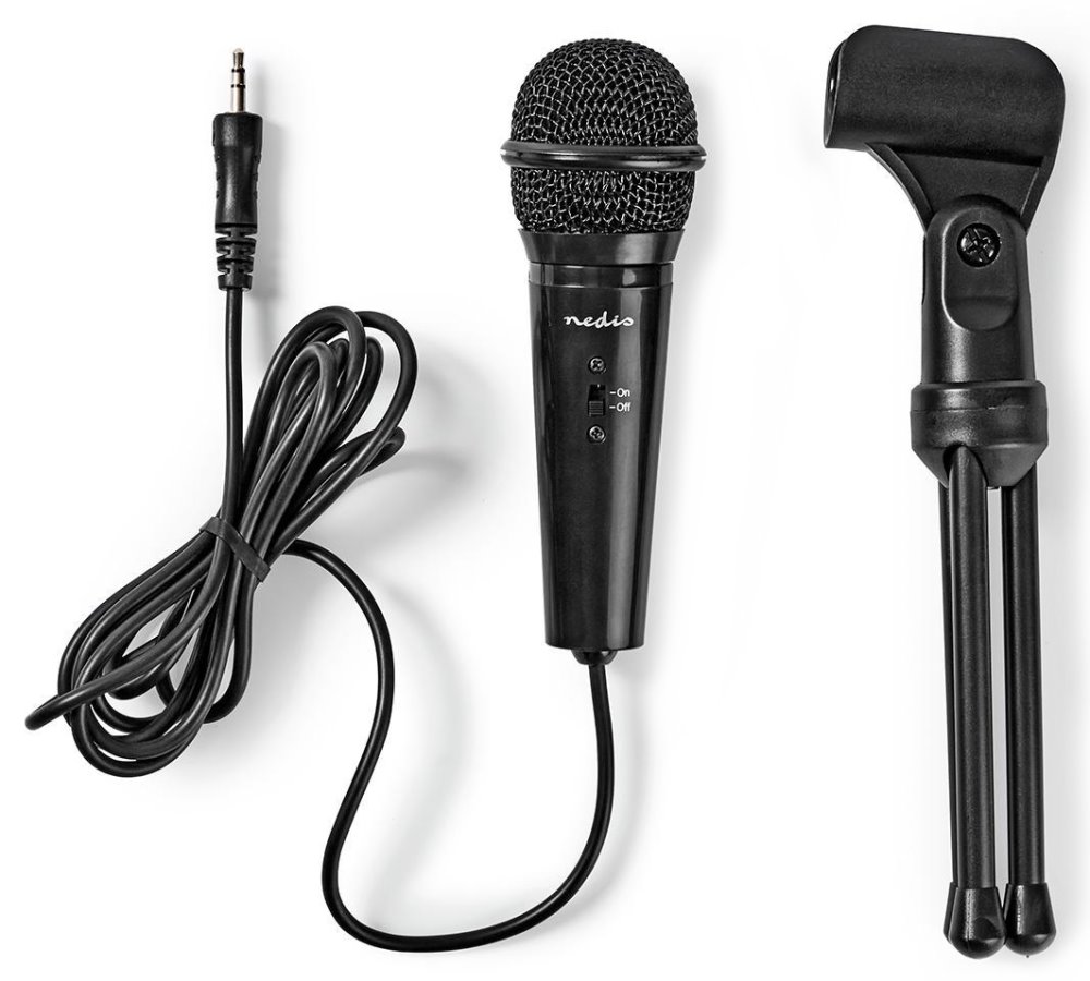 NEDIS stolní všesměrový mikrofon/ tlačítko ON/OFF/ s tříramenným stojanem/ 3,5mm jack/ citlivost -30dB/ černý