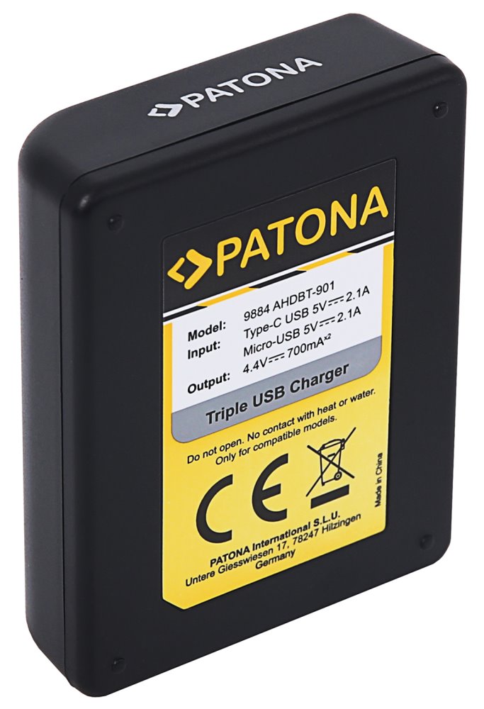 PATONA nabíječka pro digitální kameru Triple GoPro Hero 9/Hero 10/Hero 11/Hero 12/ AHDBT901/ micro USB/ USB-C