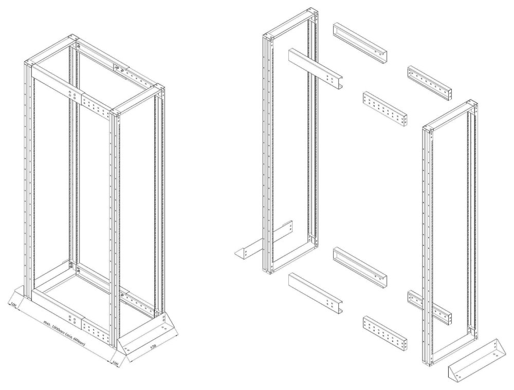 Solarix rozvaděčový rám 19" 42U 600x1000, černý, vysokonosný, nosnost 1200 kg