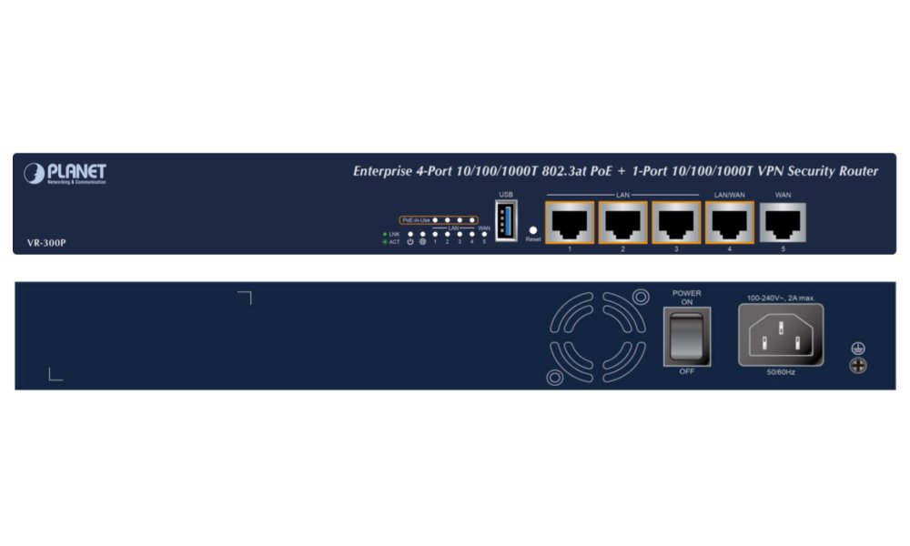 Planet VR-300P Enterprise router/firewall VPN/VLAN/QoS/HA/AP kontroler, 2xWAN(SD-WAN), 3xLAN, 4xPOE 120W