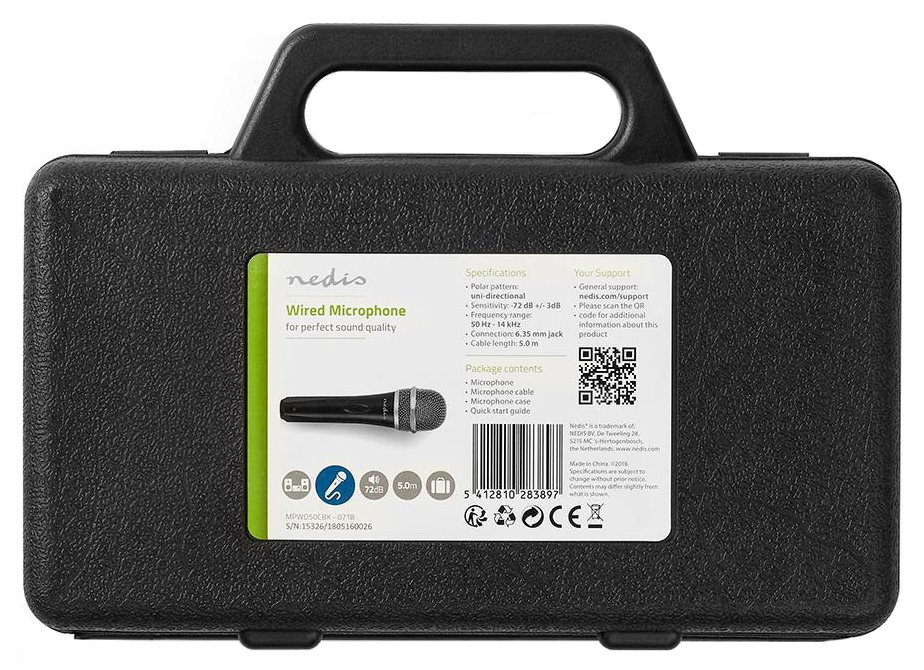 NEDIS kabelový mikrofon/ Kardioid/ odnímatelný kabel 5m/ 600 Ohm/ -72dB/ jack 6.35 mm/ vypínač/ pouzdro/ kov/ černo-šedý