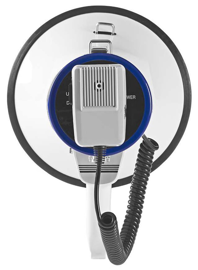 NEDIS megafon/ rozsah 1500m/ hlasitost 135dB/ odnímatelný mikrofon/ vestavěná siréna/ ramenní popruh/ bílo-modrý