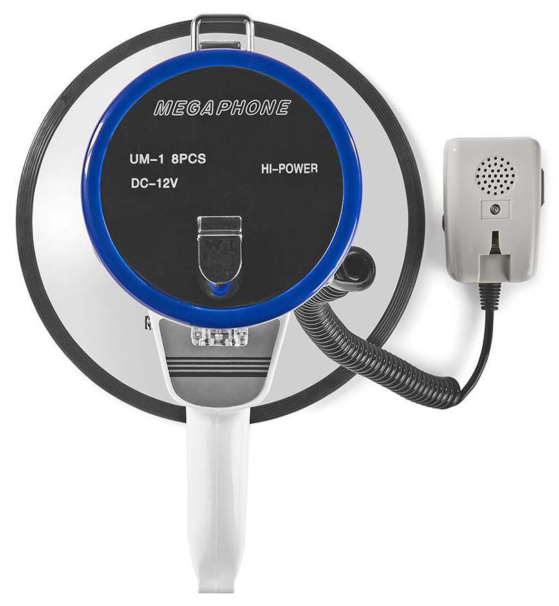 NEDIS megafon/ rozsah 1500m/ hlasitost 135dB/ odnímatelný mikrofon/ vestavěná siréna/ ramenní popruh/ bílo-modrý