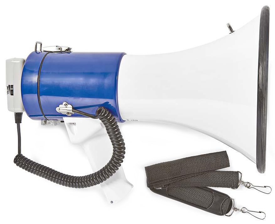 NEDIS megafon/ rozsah 1500m/ hlasitost 135dB/ odnímatelný mikrofon/ vestavěná siréna/ ramenní popruh/ bílo-modrý