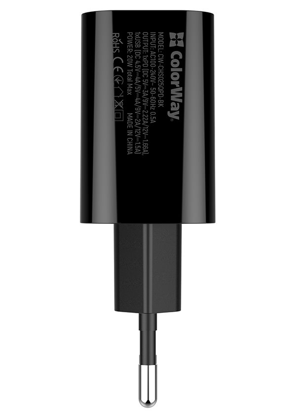 COLORWAY 1x USB a 1x USB-C/ síťová nabíječka/ 20W/ 100V-240V/ Černá