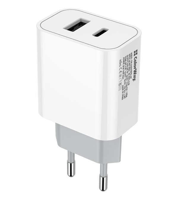 COLORWAY 1x USB a 1x USB-C/ síťová nabíječka/ 20W/ 100V-240V/ Bílá