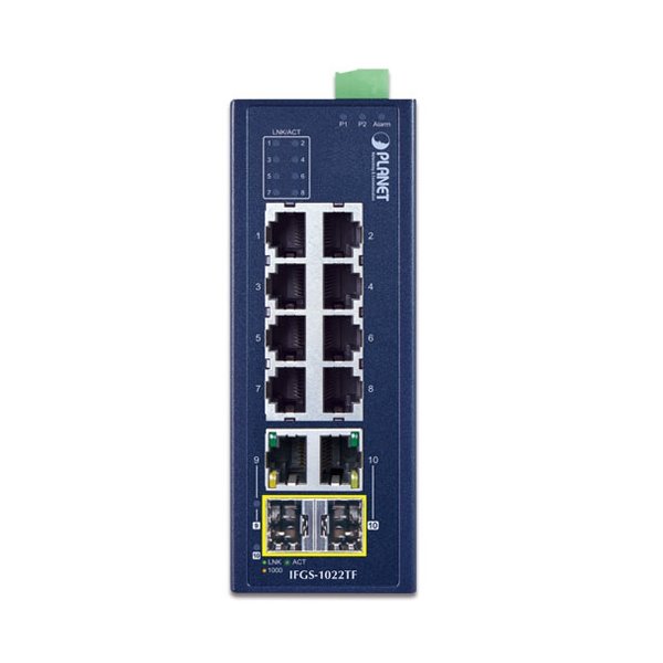 Planet IFGS-1022TF průmyslový switch, 8x100M + 2x1Gb/SFP, -40 až 75st.C, dual 9-48VDC, IP30, fanless