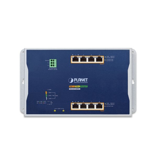 Planet WGS-4215-8HP2S plochý L4 switch, 8x1Gb, 2x1Gb SFP, 4+4 PoE 802.3at/bt 360W, 48-56VDC, -40~75°C, IP30, fanless