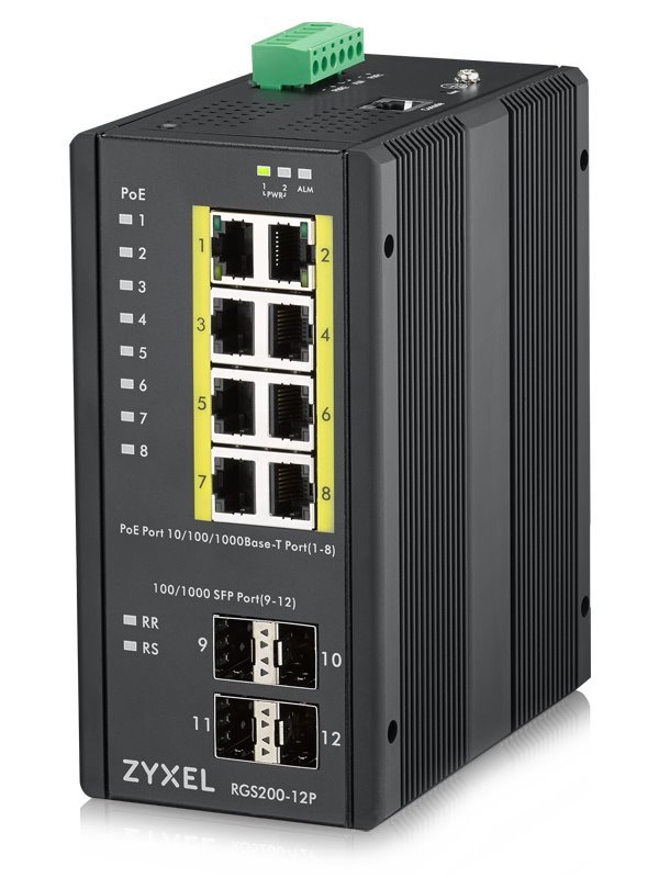 Zyxel RGS200-12P, 12 Port managed PoE Switch, 240 Watt PoE, DIN Rail, IP30, 12-58V DC
