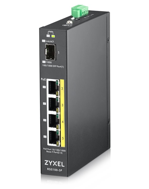 Zyxel RGS100-5P, 5  Port unmanaged PoE Switch, 120 Watt PoE, DIN Rail, IP30, 12-58V DC