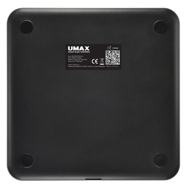 UMAX chytrá váha Smart Scale US20HRC / 0,2 – 180 kg/ Bluetooth 4.0/ 15 tělesných parametrů/ čeština/ černá