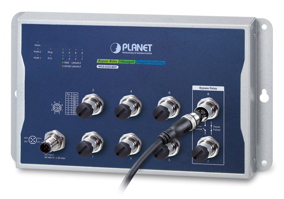 Planet WGS-5225-8MT plochý L3 switch, 8x1Gb M12, 9-48VDC, -40~75°C, IP40, fanless