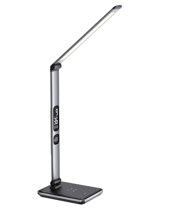 IMMAX LED stolní lampička Heron 2/ Qi nabíjení/ 8,5W/ 504lm/ DC 12V/2,5A/ stmívatelná/ sklápěcí rameno/ stříbrná