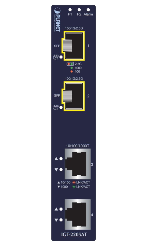 Planet IGT-2205AT, konvertor 2x1Gb, 2xSFP 100/1G/2.5G, -40až+75C, ESD, Backup Link, IP30, 24VAC/12-48VDC
