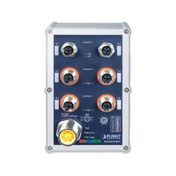Planet IGS-5227X-4P2T vodotěsný průmyslový L3 switch, 6x1Gb M12, 4x PoE 802.3at 144W, 12-56VDC, -40~75°C, IP67, EN50155