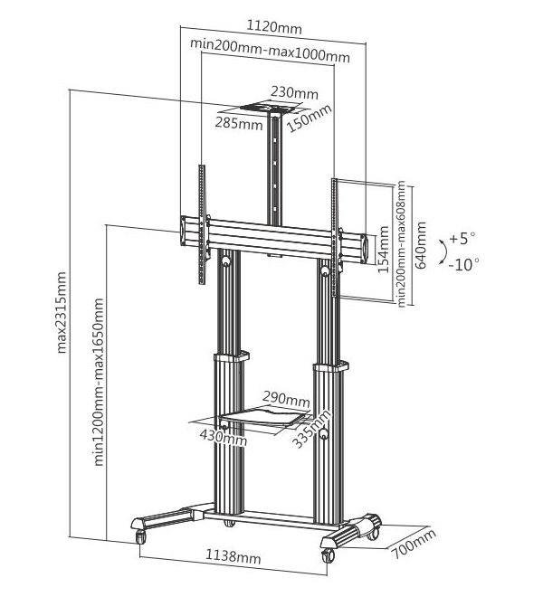 SUNNE by Elite Screens pojízdný TV stolek pro LCD a TV 60 - 100"/ nastavitelná výška/ max. VESA 600x1000/ hliníkový