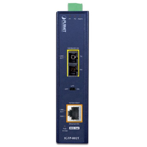 Planet IGTP-802T konvertor RJ45/SC, 1Gbps, PoE injektor 802.3at, -40 až 75 st.C, IP30, ESD 12-48 V DC