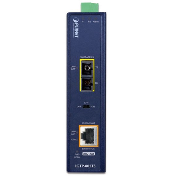 Planet IGTP-802TS konvertor RJ45/SC, 1Gbps, PoE injektor 802.3at, -40 až 75 st.C, IP30, SM s SC, 12-48VDC